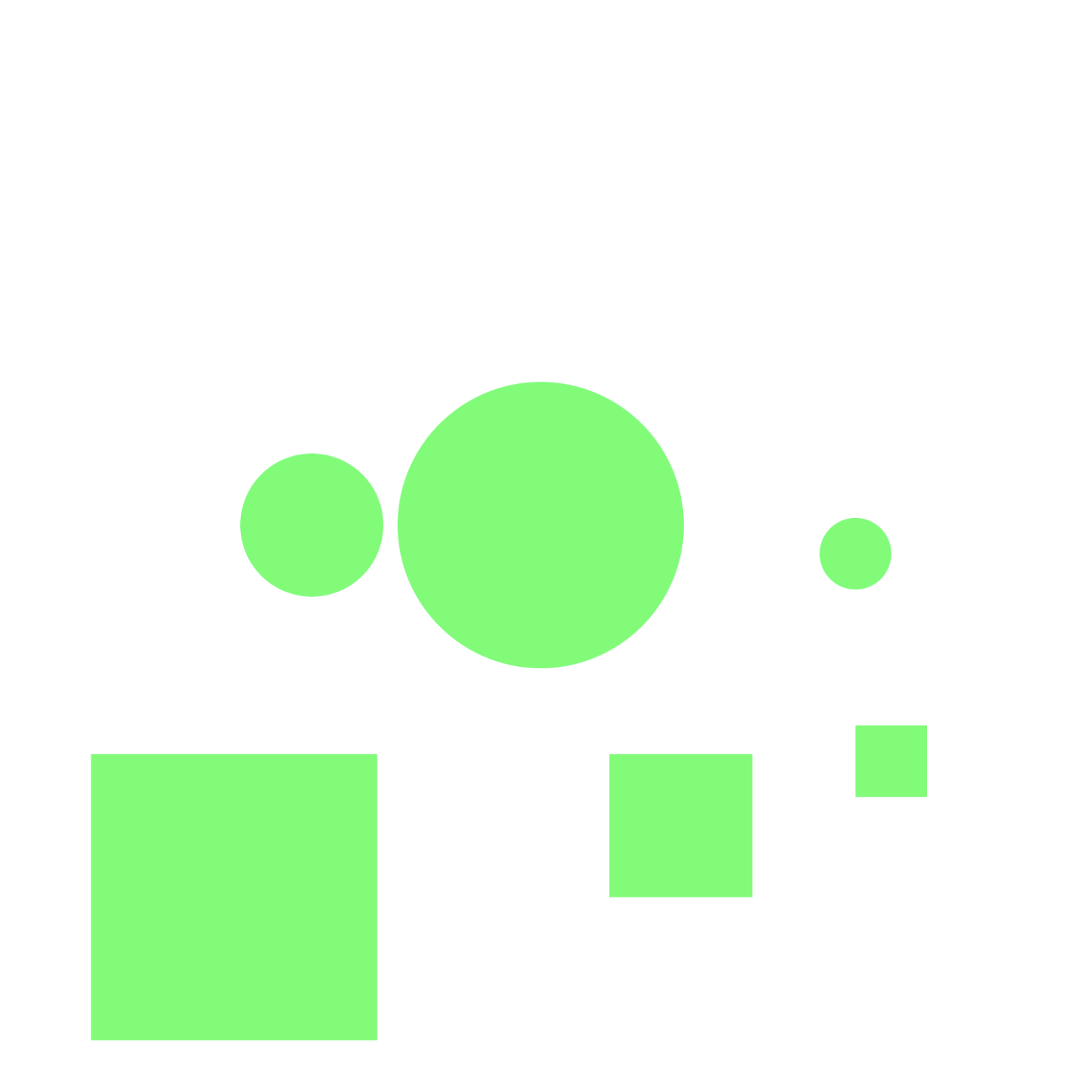 This is the fourth, I added multiple shapes with multiple sizes, they all move randomly when the controls are used, the color also shifts a bit with them staying on the shades of green.