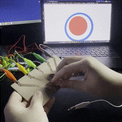 This is the eighth circuit with the visuals of the third p5 sketch being displayed on the screen.