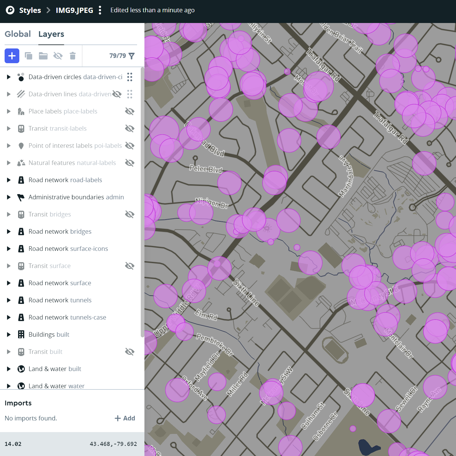 This is the data of coyotes within Oakville to be data driven circles without any visual changes