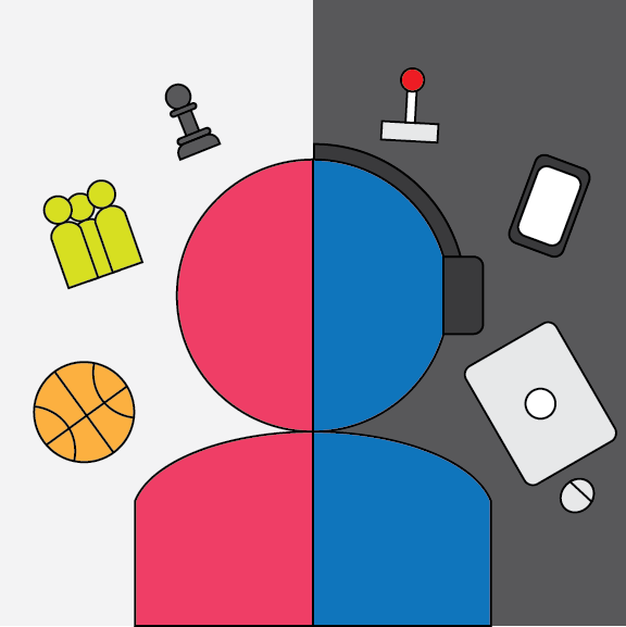 This selfie contains the person and their two sides, one can be seen about how they are by themselves and how they are around others, it can also be seen as a person and the different sides of themself, the more internal side and the more external side, which can be seen through the split in the selfie.